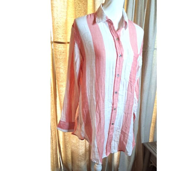 Rails Jaylin Ladies Button Up Long Tail Pink and White Striped Shirt Size S - Picture 2 of 11